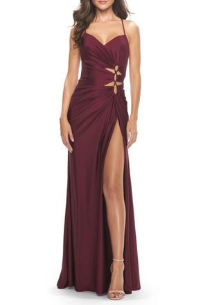 La Femme Jersey Long Prom Dress with Trendy Waist Cut Outs in Dark Berry at Nordstrom, Size 8