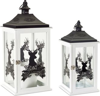 Melrose International Wood Merry Christmas Lantern with Deer Design (Set of 2) - White; Black