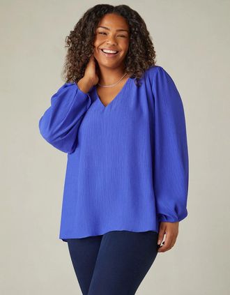 Live Unlimited London Womens Blue Textured V-Neck Blouse - Size: 12