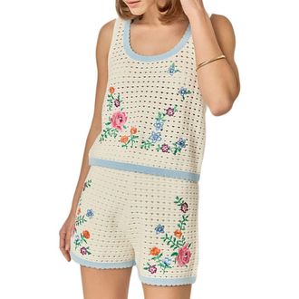 English Factory Floral Embroidered Sheer Crop Open Stitch Top in Off White at Nordstrom, Size X-Small