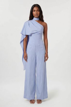 Karen Millen Womens Premium Tailored Linen High Neck One Shoulder Wide Leg Jumpsuit - Pale Blue Viscose - Size 14 UK