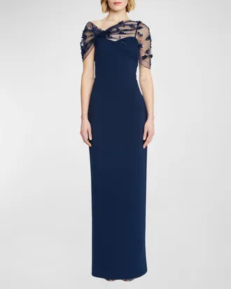 Theia Sofia Floral Applique Tulle & Crepe Gown