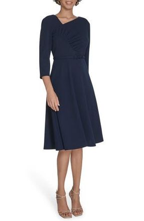 Calvin Klein Asymmetric Neck Belted Fit & Flare Midi Dress in Indigo at Nordstrom Rack, Size 4