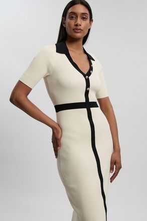 Karen Millen Womens Knit Rib With Contrast Waist Detail Collared Short Sleeve Midi Dress - White polyamide - Size X-Small