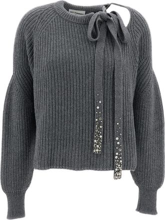 Des_Phemmes Grey Cropped Tie Detail Wool-Cashmere Sweater