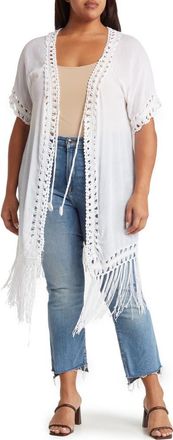 Forgotten Grace Crochet Trim Fringe Hem Duster in White at Nordstrom Rack, Size 1X
