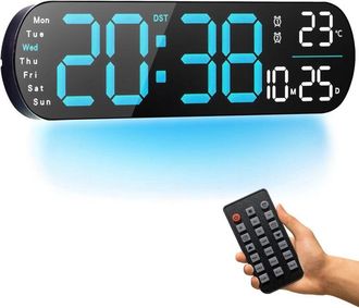 OEM Reloj De Pared Digital, Gran Reloj Digital Azul De 14 Pulgadas Con Luz Ambiental Regulable, 8 Colores, Indicador De Temperatura, Visualizaci&oacute;n De Hora
