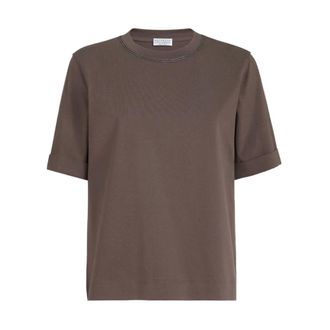 Brunello Cucinelli Brunello Cucinelli, T-Shirts, female, Brown, Size: L Cotton Jersey T-Shirt with Shiny Trims