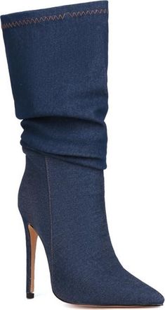 Generic Womens Fashion Pleated Pointed Toe Stiletto Heels Casual Winter Pumps Slouch Short Booties Denim Party Dress Shoes (5.5,Deep Blue)