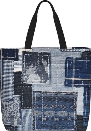 Generic Women Handbag Jeans Denim Patchwork In Style Travel Tote Bag Folding Waterproof Shoulder Bags, For Holiday, Birthday, Graduation, Work, Christmas