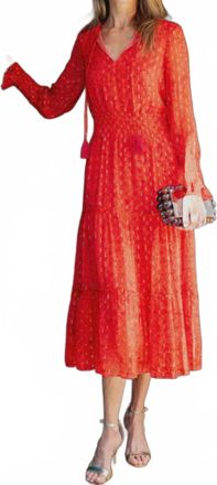 Sail to Sable Lurex Long Sleeve Smocked Waist Midi Dress In Red Tropical Block Print