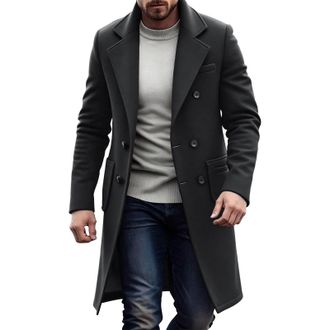Generic Mens Fashion Trench Coat Wool Blend Double Breasted Overcoat Notched Lapel Collar Long Pea Coats with Pockets Dark Gray