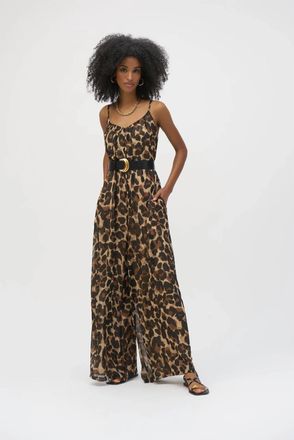 Joseph Ribkoff Animal Print Wide Leg Jumpsuit In Beige/black