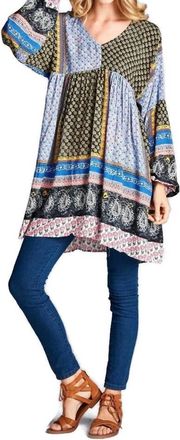Velzera Paisley Color Block Mini Dress In Black Blue