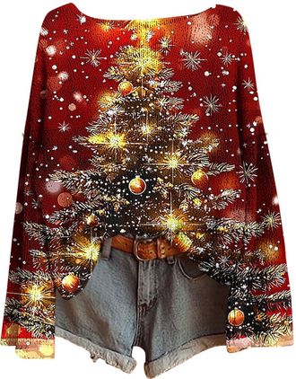 Generic ladies christmas tops Womens Christmas Tree Sweatshirts UK Long Sleeve Novelty Funny Print Jumper Oversized Crewneck Xmas Holiday Casual Shirts Fashio