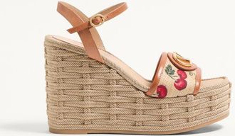 Valentino Garavani Sandalo Zeppa VLogo Signature In Rafia Jacquard Con Motivo Cherryfic 120Mm Donna NATURALE/ROSSO 35