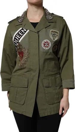 Dolce & Gabbana Womens Military Green Queen Embellished Coat Jacket Cotton Clothing