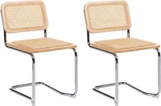 Beliani Set of 2 Dining Chairs Light Brown and Natural Rattan Cantilever Silver Legs Armless Retro Design CORDOVA