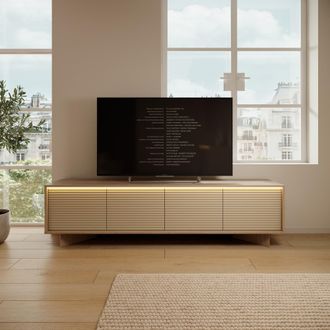 Dmora Mueble Porta Tv Kame, Un Estante, 4 Puertas, Efecto Listado Con Led, 204x40x54h Cm, Marr&oacute;n Roble