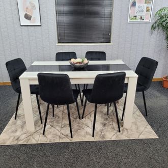 Kosy Koala Modern White & Black Dining Table Set With 6 Black Velvet Chairs Dining Room Furniture | Size: 140 cm x 80 cm