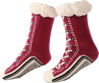 Generic Ultra-Thick Cute Slipper Home Socks, Women Winter Warm Soft Cozy Fleece Lined Fuzzy Non-slip Cashmere Home Socks Christmas (Wine Red,One Size)
