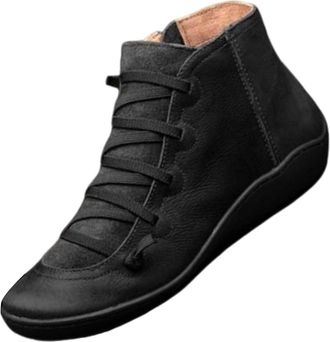 Generic Womens Retro Soft Leather Ankle Boots - Lightweight Flat Lace-Up Walking Shoes with Flexible Non-slip Sole, Cushioned Insole and Wave Edge Detail, Cas