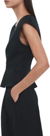 Mango Pleated Peplum Linen Blend Top in Navy at Nordstrom, Size X-Small