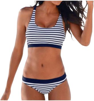 Generic Striped Womens Sexy Bikini Sets 2 Piece Swimsuits Sets Swim Crop Top with High Waisted Ruched Bottom Tummy Control Bathing Suits Swimwear Striped Vest