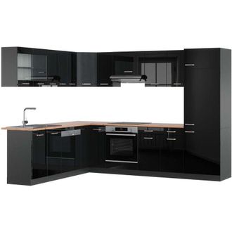 Vicco Cocina Esquinera R-line, Negro/antracita De Alto Brillo, 227 X 287 Cm, Et Roble