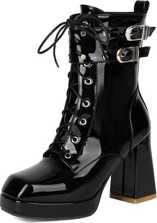 Generic Womens Block High Heel Platform Boots Square Toe Punk Boots with Buckle Patent Leather Short Boot with Zipper,Black1,7.5 UK