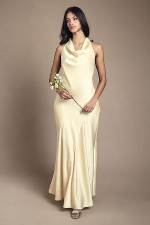 Oasis Womens Petite Cowl Halterneck Satin Maxi Bridesmaid Dress - Yellow - Size 18 UK