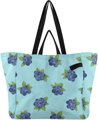 Generic Blueberries Leaves Blue print Reusable Canvas Tote Bag, Heavy Duty Grocery Shopping Bag with Hard Bottom Large Capacity Double Handles Work Groceries 