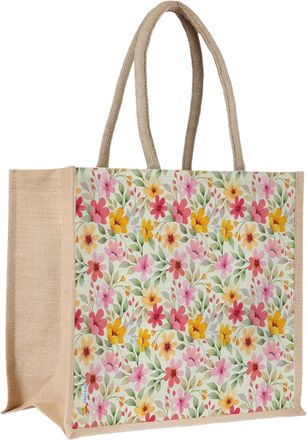 Generic Eco-friendly, Recyclable, sustainable, stylish, picnic, beach Floral Print Jute Tote Bag, Large Capacity Shopping Bag with Double Handles, Pink and Ye