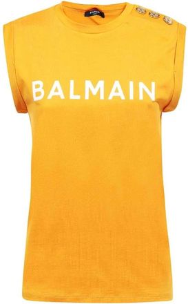 Balmain Sleeveless Tops, female, Orange, Size: XS Logo Print Cotton Tank Top