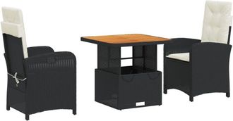 vidaXL Set Comedor De Jard&iacute;n 3 Pzas Con Cojines Rat&aacute;n Sint&eacute;tico Negro Vidaxl