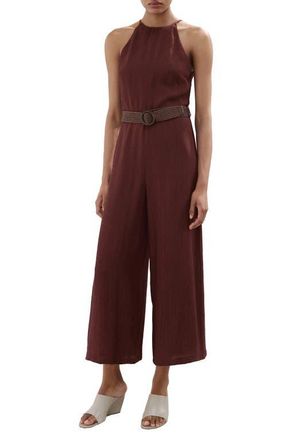 Mango Belted Sleeveless Crop Jumpsuit in Maroon at Nordstrom, Size Xx-Small