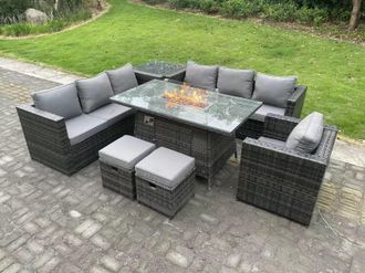 Fimous Outdoor Gas Fire Pit Dining Table Heater Sets Lounge Chairs Footstools 9 Seater in Dark Grey
