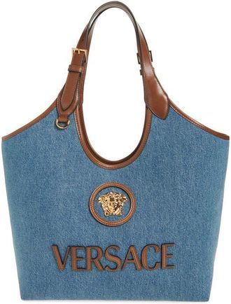 Versace Medium La Medusa Denim Tote in Denim Brown Gold at Nordstrom