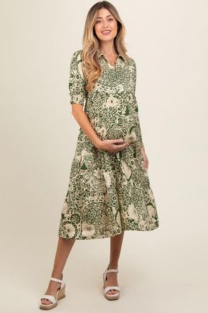 Pinkblush Floral Collared Tiered Midi Dress in Olive Green at Nordstrom, Size Medium