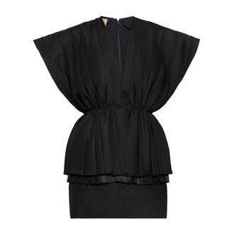 Gucci Short Dresses, female, Black, Size: M Pleated Wool Dress V-Neckline