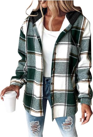 Generic Fleece Jackets for Women Hooded Fluffy Check Jacket Thermal Fleece Lined Outerwear Casual Long Sleeve Classic Plaid Button Up Coats Thick Plush Cozy W
