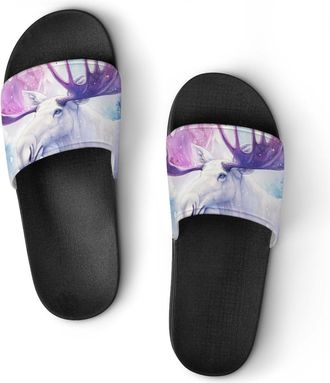 Generic Moose with Purple Antlers Shower Shoes Slipper for Women Men Beach Slippers Quick Drying Non Slip Open-Toe Sandals