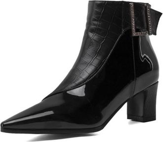 Generic Womens Patent Leather Crocodile Ankle Boots Pointed Toe Rhinestone Buckle Mid Chunky Heels Comfortable Slip-Resistant Durable Evening Party Office Wor