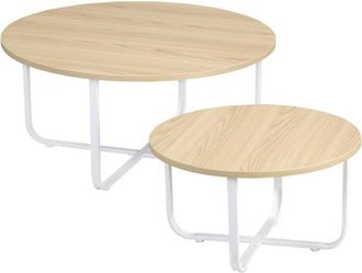 HOMCOM juego de 2 mesas de centro Ø65x32 cm y Ø45x26 cm mesas de salón redondas con encimera de madera patas de metal para domitorio natural y blanco