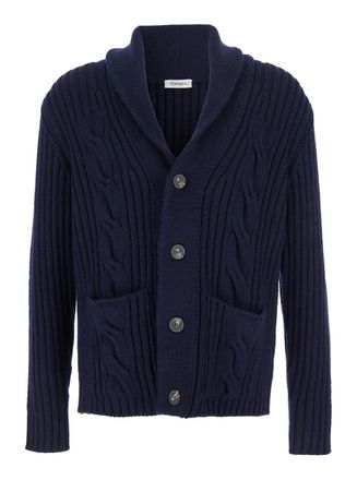 KANGRA Blue Cardigan With Shawl Collar And Interwoven Design In Wool Man