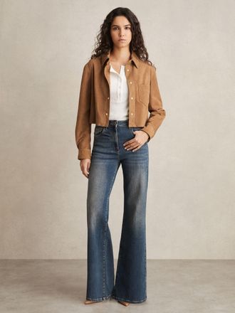 Reiss Tan Suede Press-stud Cropped Shirt, 12