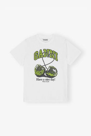 Ganni White Basic Jersey Cherry Relaxed T-shirt - Size XL Organic Cotton
