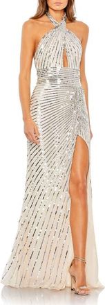 Mac Duggal Embellished Keyhole Halter Strap Draped Gown in Nude Silver at Nordstrom, Size 14