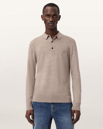 AllSaints Wool Mode Merino Long Sleeve Ramskull Polo Shirt, Size: XXL