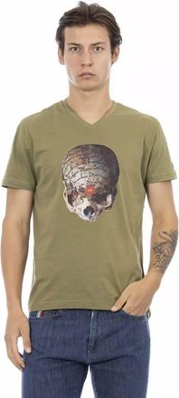 Trussardi Mens Vneck Skull Graphic Tee - Khaki Cotton - Size X-Large